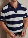 WIAOFELLAS  -  Daily Casual Mens Knitted Polo Shirts Summer Fashion Striped Contrast Color Knit Pullovers Men Stylish Turn-down Collar Top