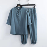 WIAOFELLAS  -  Summer Men Retro Chinese Style Shirts +Pants Kung Fu Uniform Fashion Casual T-Shirt Trousers Male Tang Suit Men Sets