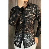 Wiaofellas  -  Men's Slim Fit Shirt Spring Transparent Long Sleeved Shirt Men Nightclub Sexy Casual Social Party Singer Shirt