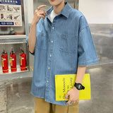 Wiaofellas  -  Summer Lightweight Men's Denim Shirt Short Sleeve Casual Loose Vintage Coat