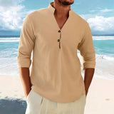 Wiaofellas  -  Men's Japanese Style Casual Linen Shirt Stand Collar Half Placket Long Sleeve Breathable Tops for Spring Autumn Daily Commute