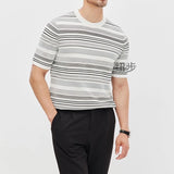 Wiaofellas  -  Casual Slim Knitted T Shirts Men Fashion Striped Knit Short Sleeve T-shirt For Mens Summer Vintage O Neck Knitting Pullover Tops