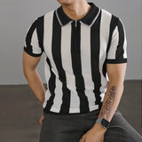 WIAOFELLAS  -  New Chic Striped Polo Shirt Light Luxury Hollow Out Knitted T-shirts Korean Style Zipper Short Sleeve Tops Breathable Knitwear