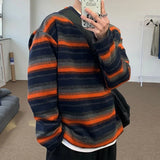 WIAOFELLAS  -  Orange Striped Round Neck Contrasting Sweatshirt Men Autumn New Pullover Tops Japanese Harajuku Loose Long Sleeved T-shirt