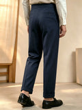 Wiaofellas  -  Autumn Winter Men Beige Solid Neapolitan Pleated High Waist Wide Leg Suit Trousers, Button Detail Light Business Pants for Commu