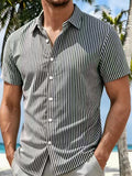 Wiaofellas  -  Stylish Mens Striped Printing Shirts Spring Summer Daily Casual Short Sleeve Button-up Shirt Men Leisure Turn-down Collar Shirts