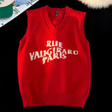 WIAOFELLAS  -  Alphabet Solid Pattern Men's V-Neck Sweater Daily Versatile Sleeveless Knit Sweater Fashion Simple Jacquard Design Sweater Vest