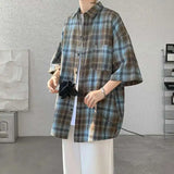 WIAOFELLAS  -  Trendy Vintage Men's Plaid Short Sleeved Casual Trousers Fashion Summer Single-breasted Turn-down Collar Shirts Male