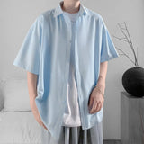 WIAOFELLAS  -  Simple Men's Shirts Turn-down Collar Ice Silk Solid Color Short Sleeved Loose Menswear Single Breasted Male Tops