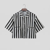 Wiaofellas  -  Men's Shirt Striped Lapel Short Sleeve Button Casual Menswear Clothing Streetwear Loose Fashion Crop Tops For Man