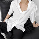 WIAOFELLAS  -  Summer New Men's V-neck Solid Color Thin Short Sleeve Shirt Retro Fashion Trend Casual Simple Loose Breathable Men's Tops