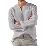 Wiaofellas  -  Men's Linen Shirt Solid Color Long Sleeve Breathable Tops V Neck Casual Blouse Hawaiian Shirt Loose Lightweight Shirts