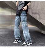 Wiaofellas  -  Men's Denim Flame Cross Jeans Loose Straight Leg Jeans