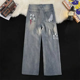 WIAOFELLAS  -  High Street Graffiti Tie-dye Jeans for Men and Women Trendy Brand Handsome Loose Straight Wide Leg Trousers Jeans