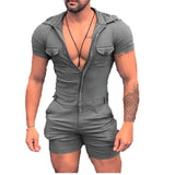 Wiaofellas  -  Men's Solid Color Hooded Bodysuit Zip Shorts One Piece Set