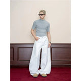 Wiaofellas  -  Men's Casual White Wide Leg Pants Street Style Versatile Design Large Straight Cut Long Trousers