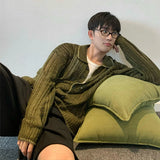 Wiaofellas  -  fall outfits men Men's Hollow Out Knit Luxury Cardigan Sweater Leisure Long Sleeve Solid Color Vintage Korean Popular Button-down Knitwear