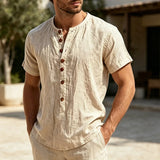 Wiaofellas  -  Retro Solid Color Mens Linen Tops Summer Casual Short Sleeve Button-up Henley Neck T Shirts For Men Daily Leisure Loose Pullover
