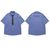 Wiaofellas  -  Japanese Style Casual Embroidered Plaid Short Sleeve Shirt Men's Loose Fit Tie Included Cotton Summer Shirt for Couples