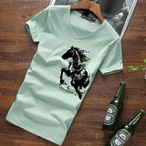 Wiaofellas  -  Men's V-neck Cotton T-shirt Chinese Style Horse Print Short Sleeve Slim Fit Casual Summer Tee