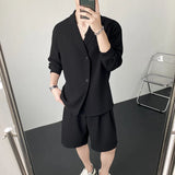 WIAOFELLAS  -  Summer Black/White Sets Men Fashion Long-sleeved Shirt Shorts Two-piece Men Korean Casual Loose Plaid Sets Mens Suit M-2XL