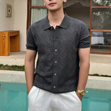 Wiaofellas  -  Old Money Mens Jacquard Shirts Stylish Turn Down Collar Short Sleeve Polo Shirts Summer Slim Breathable Button Men Tops