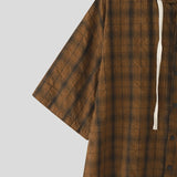 WIAOFELLAS  -  Men Plaid Shirt Hooded Short Sleeve Loose Casual Men Clothing Summer Korean Style Streetwear 2025 Male Shirts Tops S-5XL