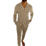 Wiaofellas  -  All Match Men's Tracksuit Fashion Solid Two Piece Slim Suit Autumn New Long Sleeve Button Shirts Top&Drawstring Pants Set