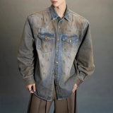 Wiaofellas  -  Mens Y2k Distressed Denim Casual Long-Sleeved Shirt Autumn Winter Genderless Fashion Retro Personality Loose Simple Shirt Unisex