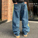 WIAOFELLAS  -  Cotton Denim Pants Male Side Stripe Patchworks Baggy Trousers Men's Vintage Blue Street Wear