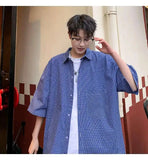 WIAOFELLAS  -  Trendy Men's Plaid Spliced Pocket Short Sleeve Loose Shirts Fashion Summer Lapel Single-breasted Blouses Male