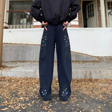 WIAOFELLAS  -  New trendy loose straight tube printed off white washed denim jeans