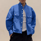 WIAOFELLAS  -  Men Shirt Solid Color Stand Collar Long Sleeve Button Men Clothing Streetwear Fashion Loose Casual Tops Male Shirts