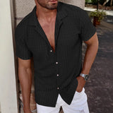 Wiaofellas  -  Men'sSolid Color Textured Short Sleeve Shirt Summer Casual Business Lapel Button Down Top Breathable Comfortable Top