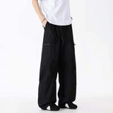 WIAOFELLAS  -  Simple Men's Cargo Pants Zipper Patchwork Elastic Waist Wide Leg Bottom Straight Drawstring Loose Male Trousers 24K4252