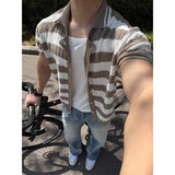 Wiaofellas  -  American Retro Hollow Knitted Striped Short Sleeved Shirt Men's Summer Lazy Style High End Shirt Jacket