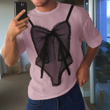 WIAOFELLAS  -  Men T Shirt Lace Patchwork O-neck Short Sleeve Loose Male Tee Tops Streetwear Summer 2025 Fashion Men Clothing S-5XL