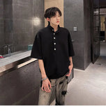WIAOFELLAS  -  Fashion Men's Solid Color Button American Style T-shirt Trendy Stand Colar Short Sleeves Casual Top Male 2025 Summer