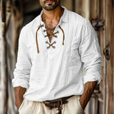 Wiaofellas  -  Men's Renaissance Shirt Pirate Medieval Viking Top Cotton Linen Shirts Casual Fashion V-neck Tie Up Long-sleeved Shirt