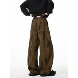 WIAOFELLAS  -  American retro washing jeans scimitar casual men's trendy brand pleated loose wide-leg work pants