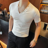 Wiaofellas  -  Spring Summer V-neck Short Sleeved T-shirt for Men Rivet Decoration High Elasticity Knitted T-shirts Slim Fit Casual Base Shirt