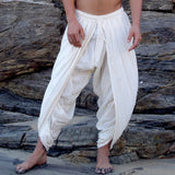 Wiaofellas  -  New Men's Casual Loose White Pleated Pants Vintage Fashion Hollow Drawstring Bound Men Pants New Ethnic Trendy Beach Pants