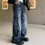 Wiaofellas  -  Men Vintage Rhinestone Wide Leg Jeans Crackle Wash Glitter Diamond Denim Pants Loose Straight Baggy Trousers Hip Hop Long Pants