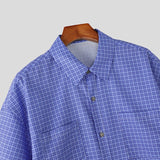 Wiaofellas  -  Men Plaid Shirt Lapel Short Sleeve Loose Casual Men Clothing Summer Korean Style Pockets Fashion Leisure Male Tops