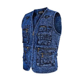 WIAOFELLAS  -  Men Vest Denim Waistcoat Jacket Deep Blue Male Sleeveless Coat Spring Autumn Multi-Pocket Jeans Gilet Outwear New Chalecos