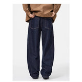 Wiaofellas  -  Men Raw Dark Wash Baggy Jeans Contrast Stitch Wide Leg Curved Cut Denim Pants Vintage Straight Loose Casual Street Trousers