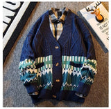 WIAOFELLAS  -  Vintage Argyle Splice Knitted Cardigan Mens Long Sleeved V-neck Sweater Autumn Winter Fashion High Quality Loose Knitwear Tops