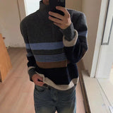 WIAOFELLAS  -  Fall Winter New Casual Knit Polo Sweaters Men Vintage Striped Crochet Knitting Jumper Tops Mens Trendy Long Sleeve Slim Sweater