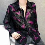 Wiaofellas  -  Mens Casual Sexy See-through Shirt  New Genderless Fashion Feather Embroidery Nightclub Crazy Lace Hollow Long Sleeve Top