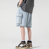 Wiaofellas Summer Cargo Denim Shorts Men Fashion Retro Pocket Denim Shorts Mens Japanese Streetwear Hip-hop Loose Blue Jeans Shorts Men